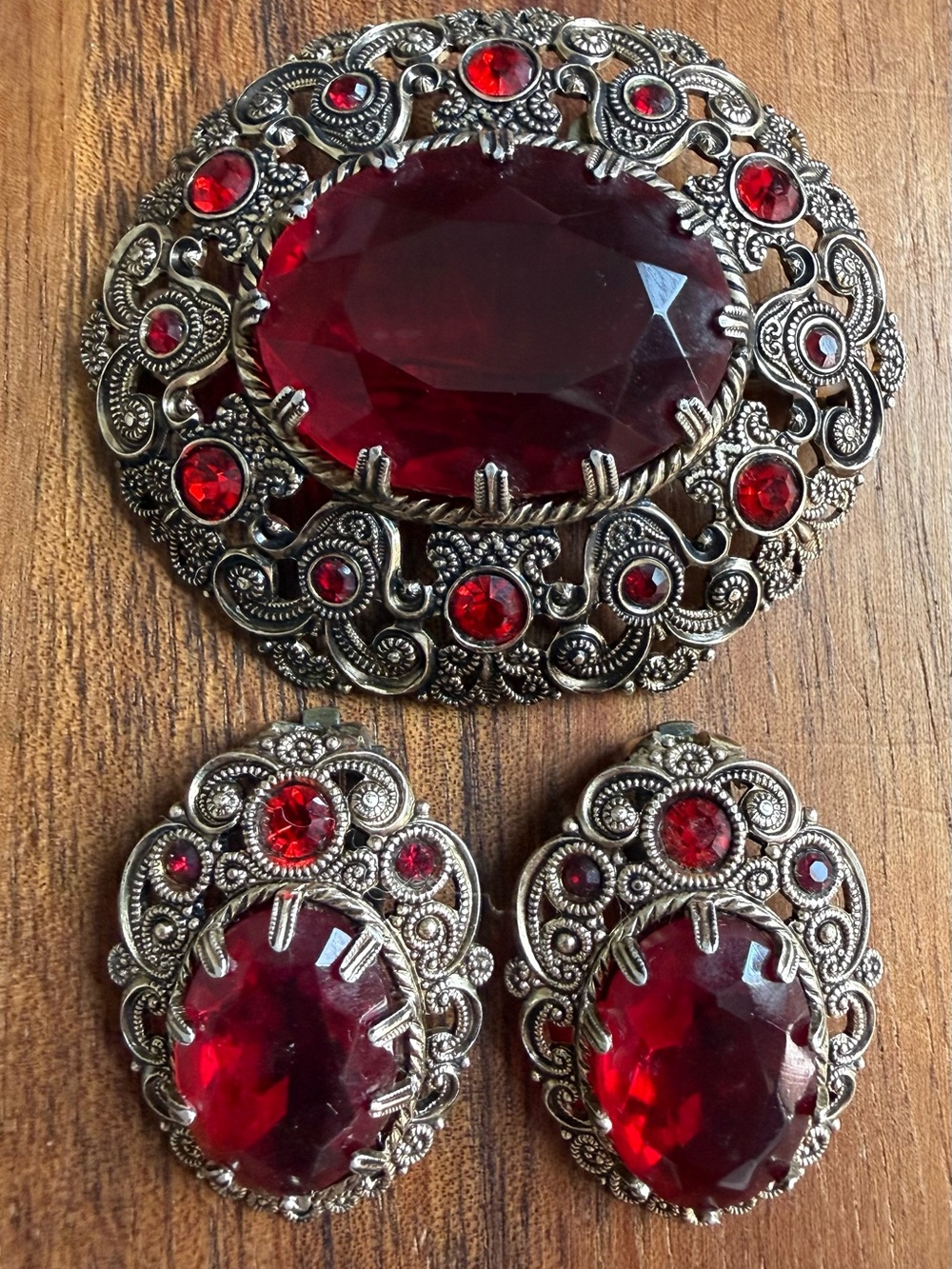 Vintage Germany Red Glass Filigree Brooch and Earrings Set Demi Parure